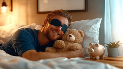 Caucasian young male relaxing with teddy bear and sleep mask in cozy bedroom setting