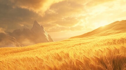 Golden wheat field at sunset with majestic mountains in the background.