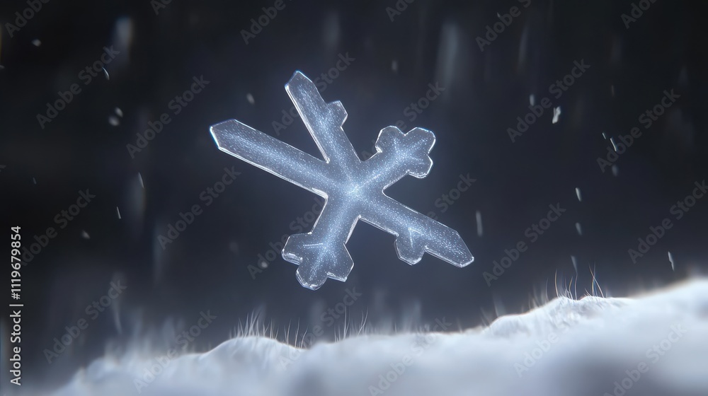 Poster intricate snowflake crystal falling through dark winter background with soft snow textures