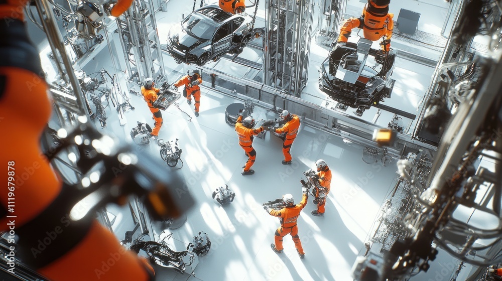 Poster futuristic car factory with robots and workers assembling vehicles.