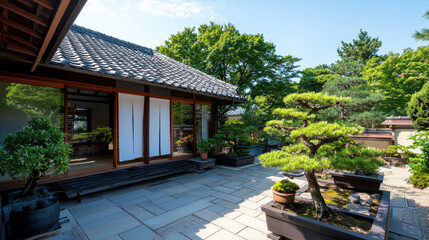 Obraz premium Vernacular, A serene garden with a traditional wooden structure, featuring lush greenery, bonsai trees, and a peaceful atmosphere.