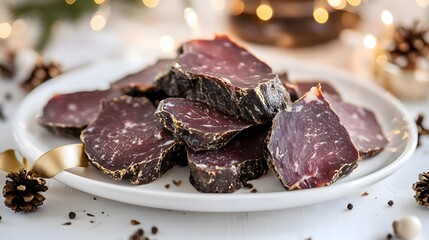 Biltong is a delicious, dried meat snack beautifully arranged on a plate, surrounded by festive decorations and a warm, cozy atmosphere perfect for holiday gatherings.