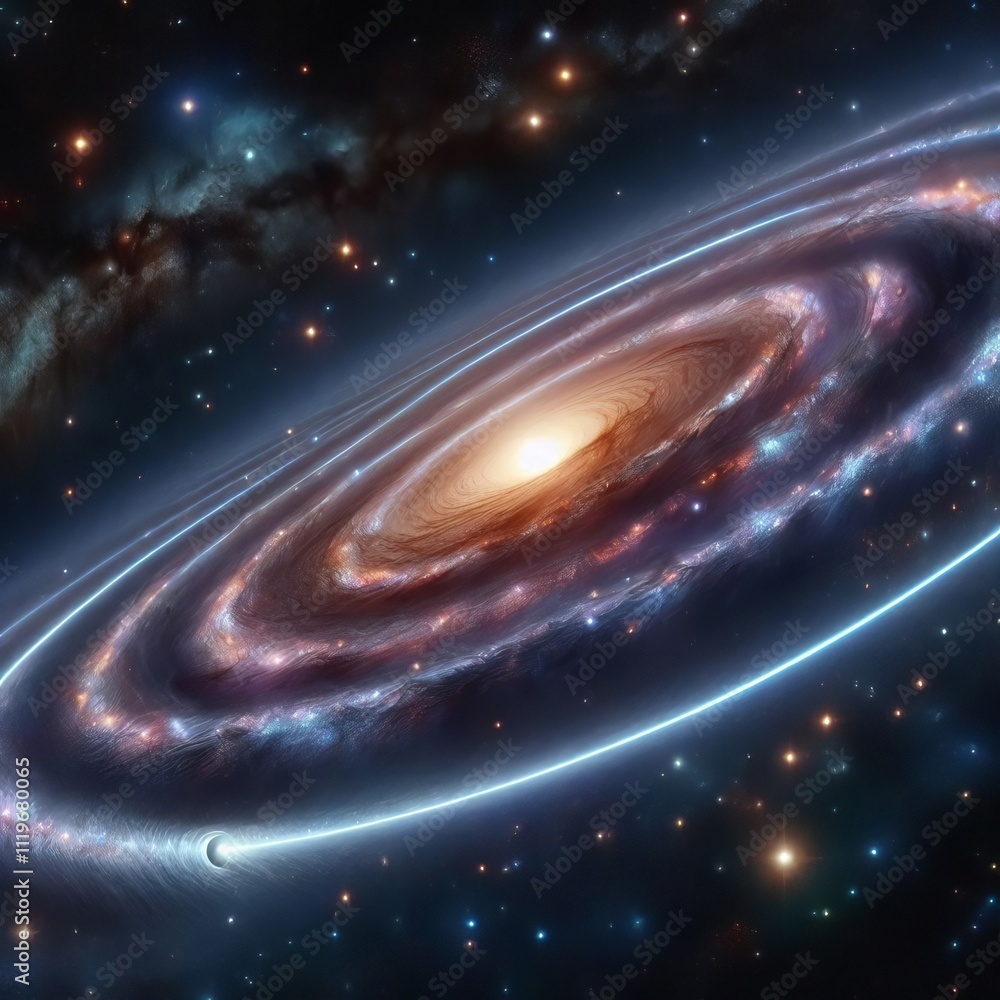 Poster galactic tidal tail a long faint line trailing a galaxy showing