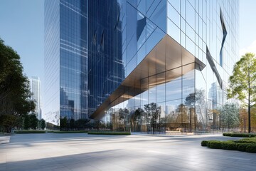 Modern glass office building reflective blue facade geometric architecture urban landscape