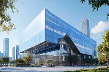 Obraz premium Modern glass office building reflective blue facade geometric architecture urban landscape