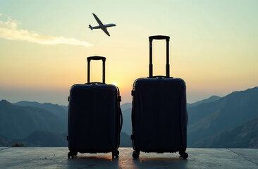 Two suitcases stand airport, plane taking off, wait departure. AI Generative