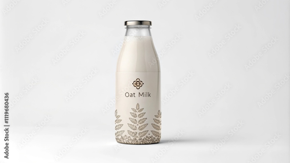 Aufkleber a minimalist bottle of oat milk with a frosted texture highlighting clean lines and a simple label t