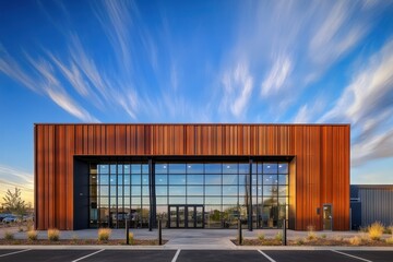 Modern industrial building corrugated metal siding large windows blue sky with wispy clouds