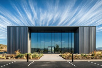 Modern industrial building corrugated metal siding large windows blue sky with wispy clouds