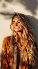 Woman with Long Blonde Hair Wearing Bohemian Earrings in Golden Sunlight