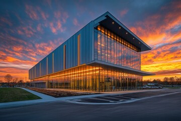 Fototapeta premium modern industrial warehouse large glass windows sleek metallic exterior dramatic sunset sky