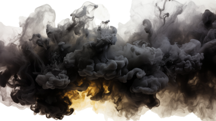 A dramatic black smoke plume rises, capturing the intensity of an explosion in motion, isolated on transparent background.