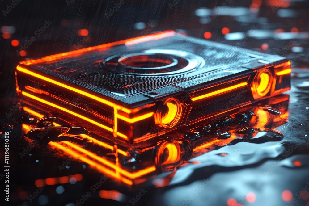 Aufkleber futuristic cassette tape with glowing neon edges resting on a wet reflective surface, creating an at