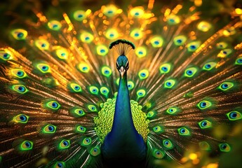 Obraz premium A majestic peacock displaying its vibrant plumage