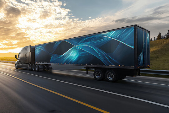 Black semi truck transporting goods across country at sunset, showcasing customizable trailer wrap with futuristic blue design