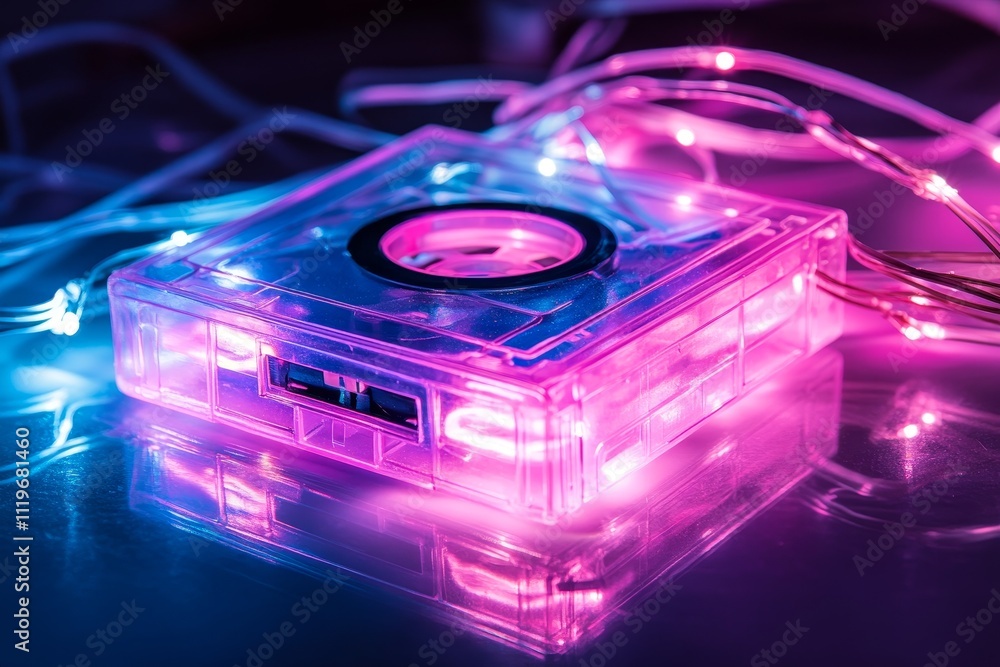 Aufkleber retro cassette tape with colorful led lights in dark setting, capturing nostalgic vibes and modern a