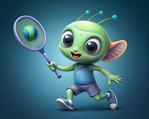 Obraz premium Cute Alien Plays Tennis. Fun Cartoon Character Illustration