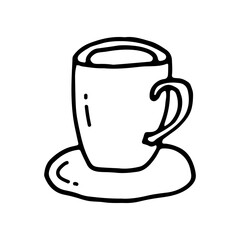 Cup and saucer. Hot aromatic coffee or tea. Doodle. Vector illustration. Hand drawn. Outline.