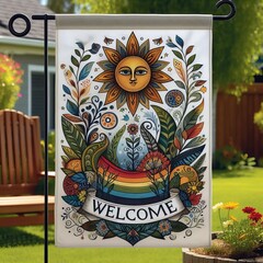 Garden Flags Illustrated designs on garden flags welcoming guest