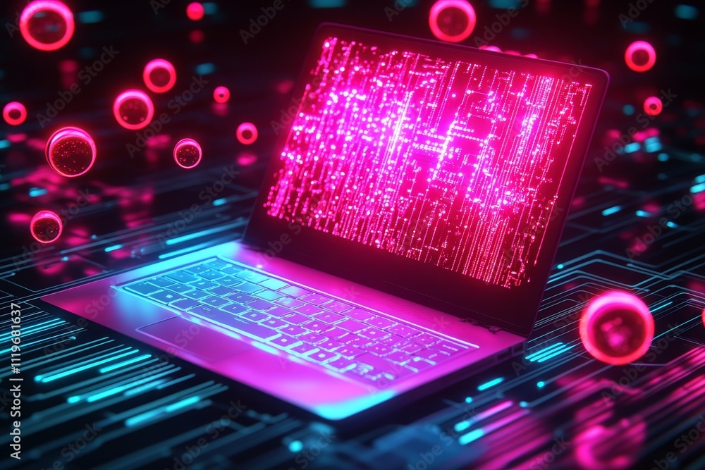 Poster futuristic digital laptop displaying abstract data with vibrant pink and blue colors surrounded by f