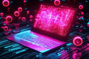 Futuristic Digital Laptop Displaying Abstract Data with Vibrant Pink and Blue Colors Surrounded by Floating Spheres and Circuits, Representing Technology and Innovation