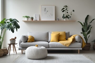 Modern living room minimalist decor gray sofa yellow accent pillows wooden floating shelf