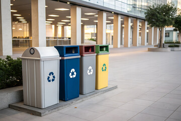 Color coded recycling bins arranged neatly in a modern outdoor area