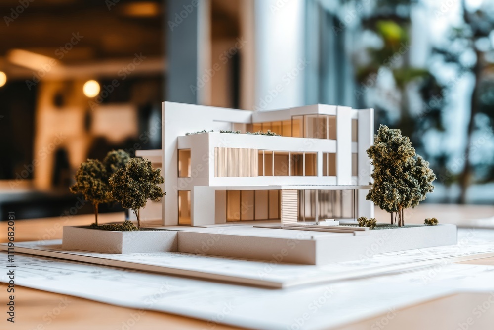 Poster architectural model of a modern building with trees on a table displayed in an interior environment 