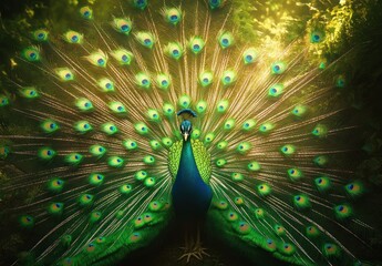 Obraz premium A majestic peacock displaying its vibrant plumage
