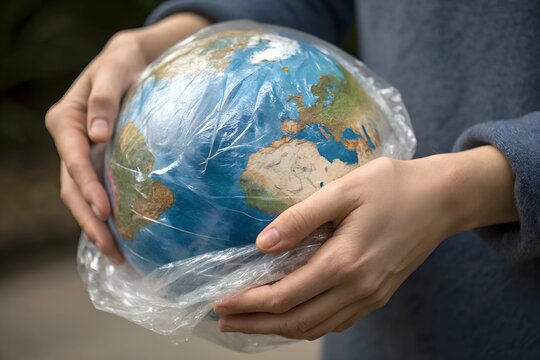 Surreal view of a person holding a globe wrapped in clear plastic film for environmental awareness