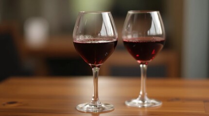 Two Elegant Wine Glasses Filled with Red Wine on a Wooden Table