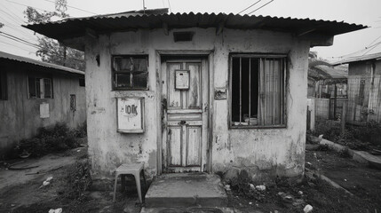 Vernacular, A weathered, small building with a wooden door, barred window, and a sign, surrounded by an unkempt yard in black and white.