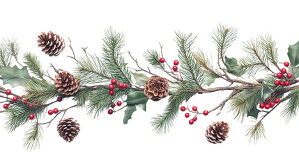 A beautiful Christmas wreath made of pine branches, pinecones, and red berries, sharp detail, HDR effect, isolated on a white background. Ideal for festive and holiday-themed designs.

