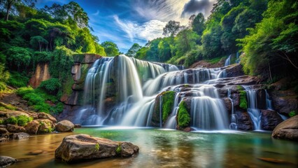 Fototapeta premium Tat Yai Waterfall Amnat Charoen Thailand, Stunning Nature Photography, Majestic Rock Formation, Rule of Thirds Composition