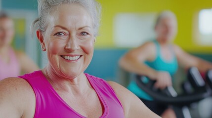 Smiling Senior Woman Enjoying Fitness Class in Bright Gym Environment