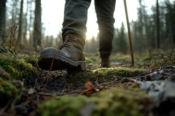 A close-up shot of rugged boots and a walking stick on a mossy forest floor, highlighting the adventure and solitude of a hike in the woods.