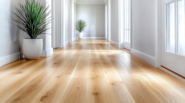 The serene hallway features light oak flooring that complements the modern interior design, creating a harmonious and inviting atmosphere