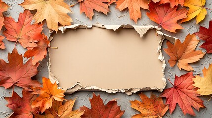 A torn piece of cardboard is framed by a vibrant display of autumn leaves, showcasing a rustic fall scene with a natural, earthy charm.