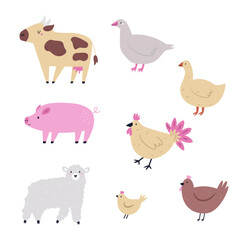 Charming Hand-Drawn Illustration of Farm Animals. Cow, Pig, Sheep, Hen and Goose
