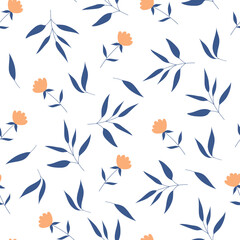 Seamless floral pattern of leaves and flowers. Vector illustration.