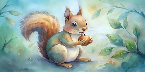Adorable Watercolor Squirrel Painting. A Cute Forest Creature with an Apple
