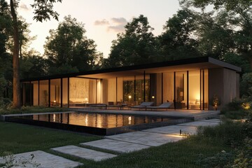 Fototapeta premium Modern luxury villa minimalist architecture large glass windows flat roof evening glow