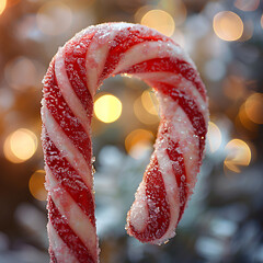 Close-Up of a Frosted Candy Cane with Swirling Red and White Stripes, Sparkling with Sugar Crystals Against a Dreamy Holiday Background