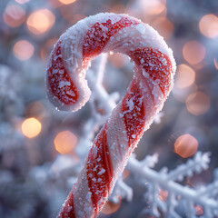 Frosted Candy Cane Close-Up with Swirling Red and White Stripes Against a Soft Blur of Colorful Background Bokeh for Festive Holiday Imagery