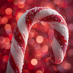 Close-Up Capture of Frosted Candy Cane with Swirling Red and White Stripes Against a Festive, Bokeh Background for Seasonal Decor Inspiration