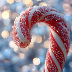 Close-up Image of a Frosted Candy Cane with Swirling Red and White Stripes Sparkling Against a Soft Bokeh Background for Holiday Themes
