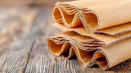 The layers of corrugated cardboard can be seen up close, with the outer flat layers sandwiching a wavy inner layer, providing strength and durability to the material.