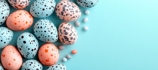 Turquoise  Coral Polka Dot Easter Eggs On Turquoise Backdrop. Easter Composition With Copy Space