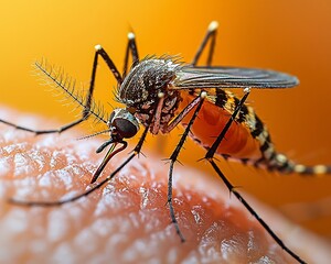 Close up of Mosquito Biting into Skin with Red Bump Formation Symbolizing Pest Annoyance and Danger