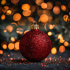 Close-Up of Glittering Red Christmas Ornament with Blurred Golden Bokeh Lights and Dark Background, Perfect for Holiday Decor and Festive Themes